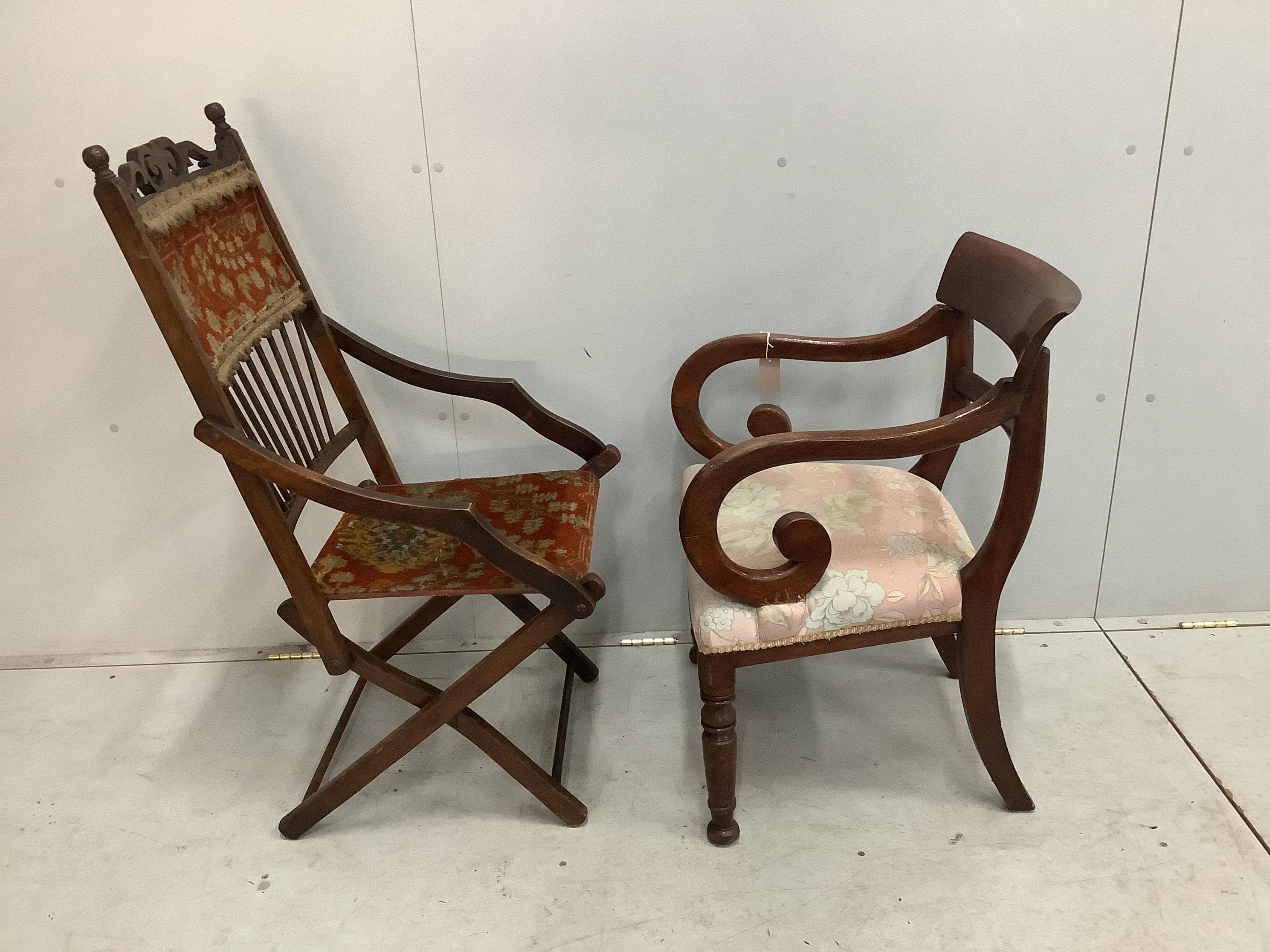 A Victorian folding chair with carpet upholstery and a Regency mahogany elbow chair. Condition - poor to fair